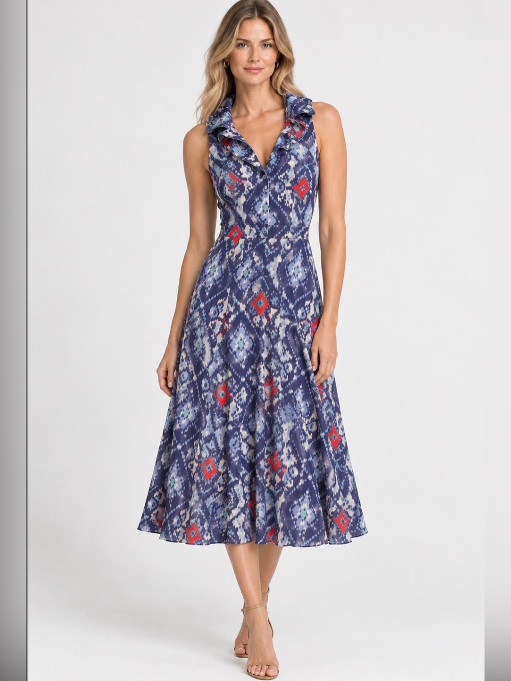 Eva Franco Anthropologie Wrap Dress Blue Printed Fit and Flare Sz 8